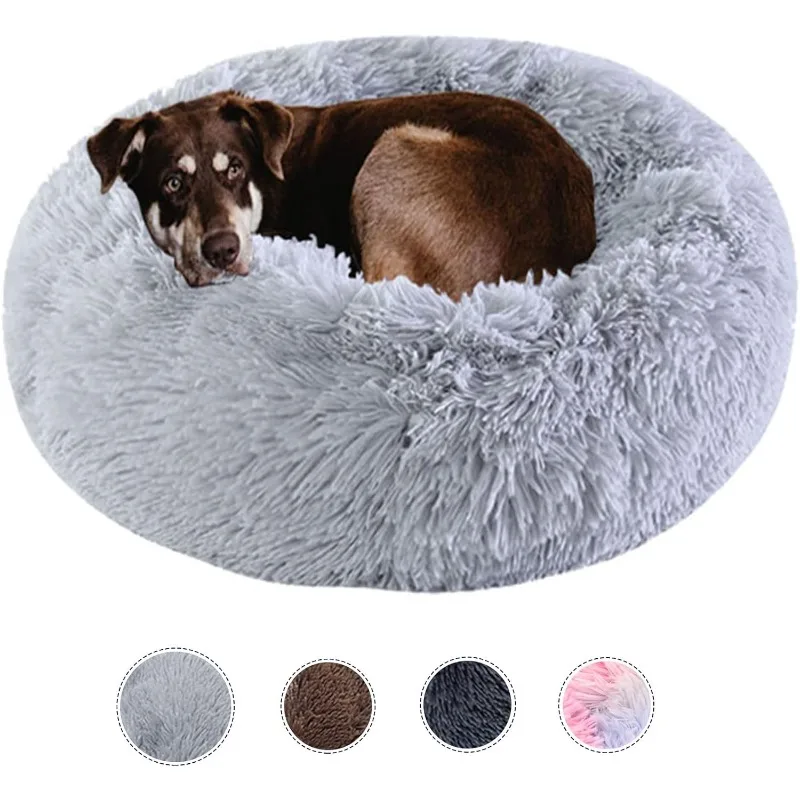 Dog Bed Calming Dog Beds for Small Medium Large Dogs - Round Donut Washable Dog Bed, Anti-Slip Faux Fur Fluffy Donut