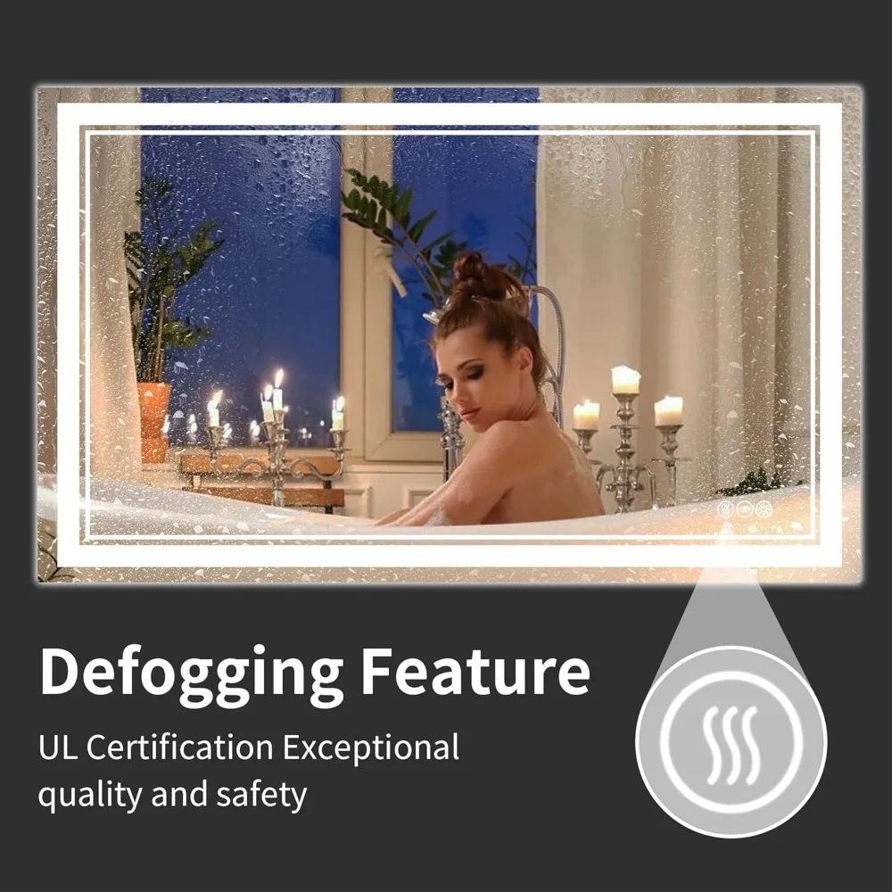 Rechteckiger, LED-beleuchteter Badezimmerspiegel mit rahmenlosem Design und zwei Beleuchtung für Antibeschlag-Funktionalität