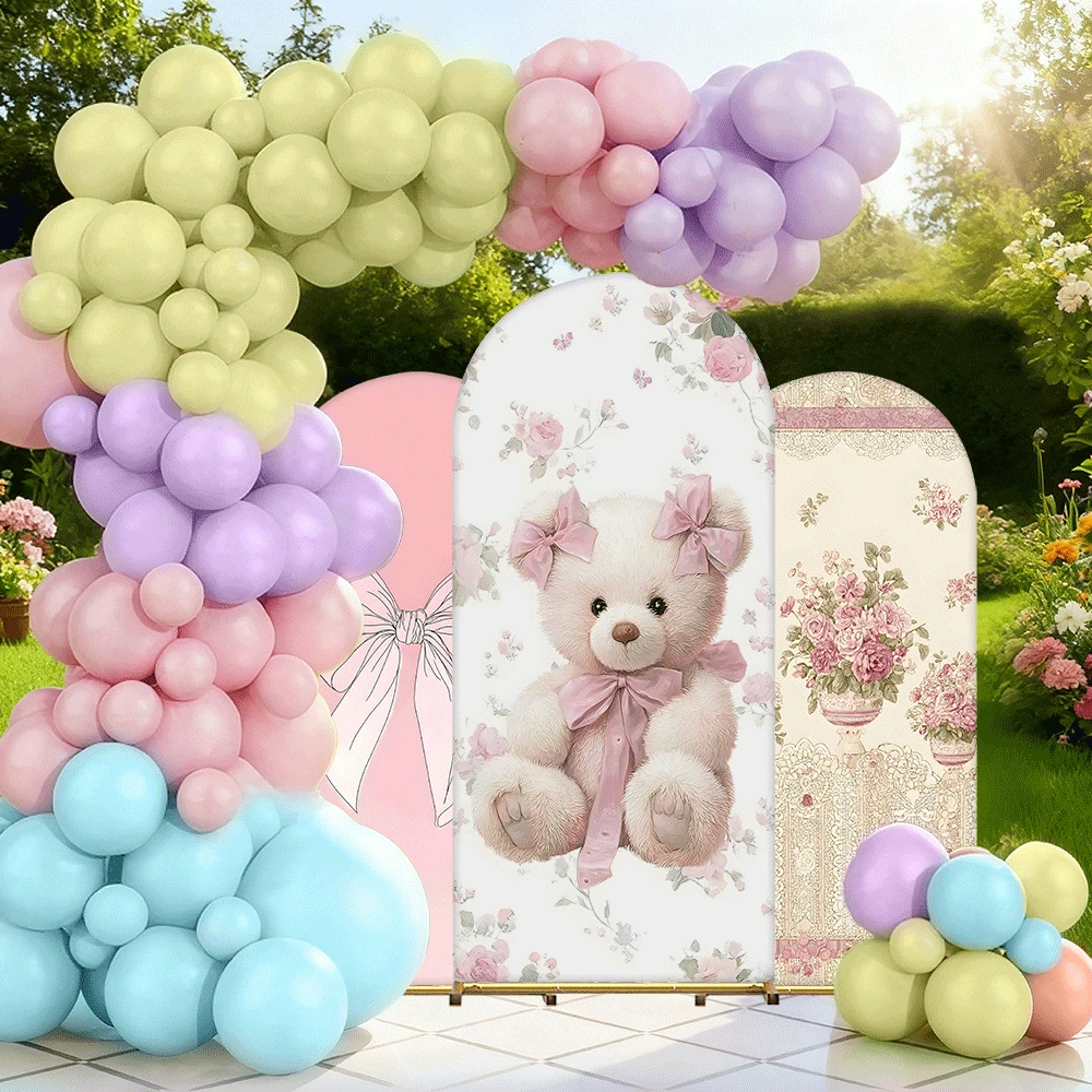 

Фон с розовым медведем и цветочной тематикой, милый стиль, прочный, декор для детского дня рождения/вечеринки, сезонное использование, сцена для мероприятий