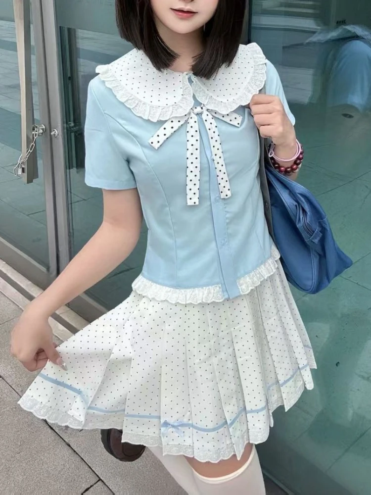 

Kawaii Japanese Pink White Polka Dot Ruffle Lace Bow 2 Piece Set Peter Pan Collar Blouse Mini Skirt Women Girl Daily School Wear