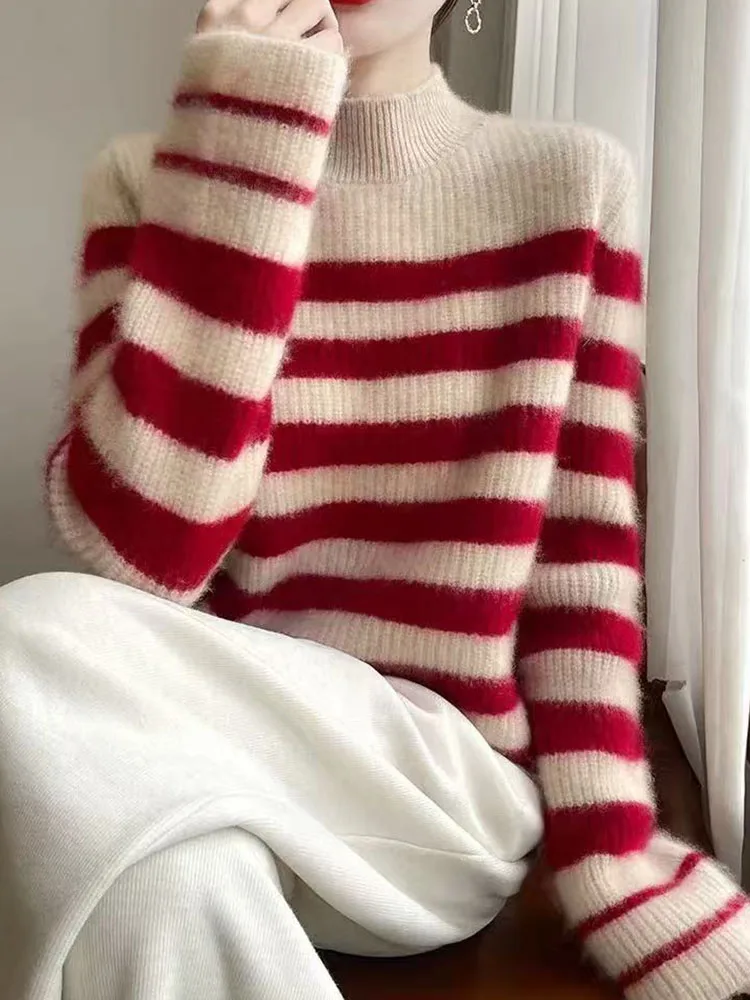 

Ladies Loose Fit Long Sve Knitwear f High Collar Sweater Vertical Stripes Color Blo Lazy Sle Base Layer Top