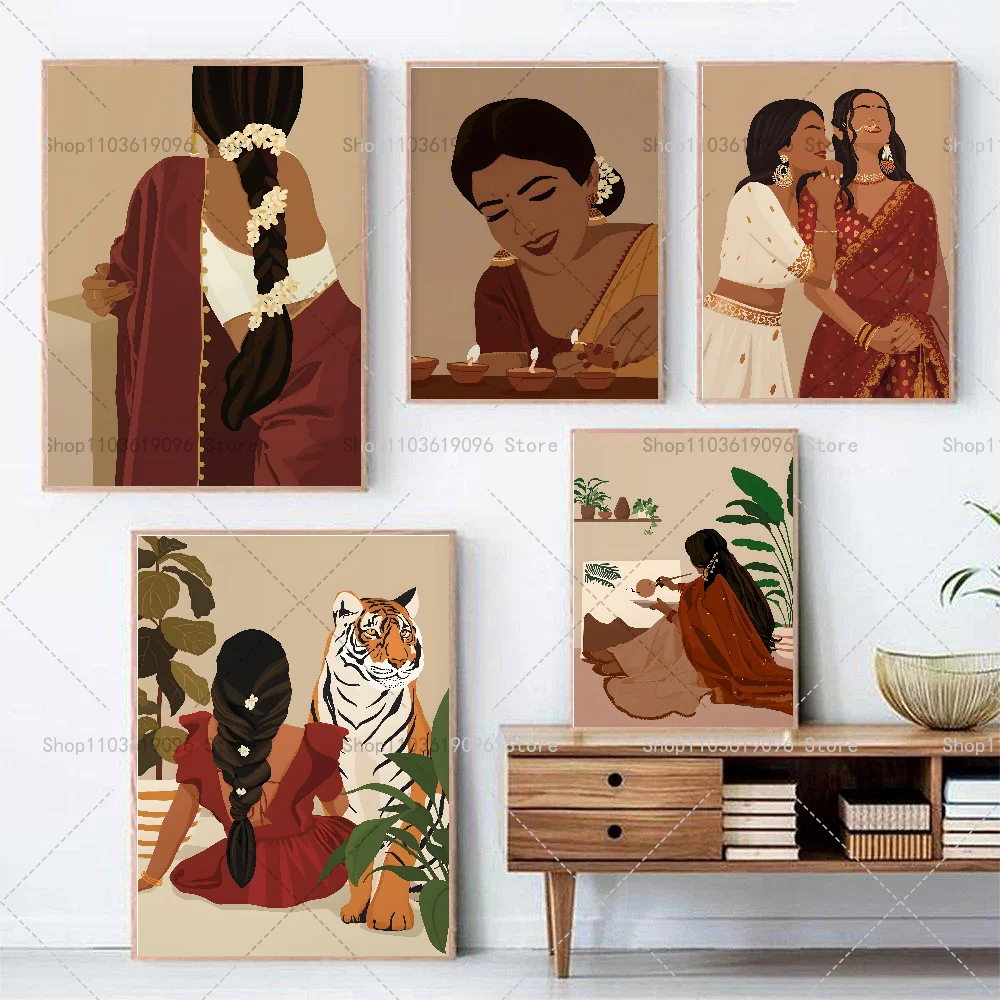 Asian Indian Tamil Girl Painting Boho Poster Self-adhesive Art Waterproof Paper Sticker Coffee House Bar Room Wall Decor