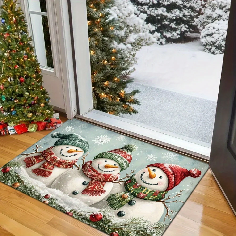 Three Cute Snowman Christmas Flannel Door Mat Snowflake Pine Branch Print Non‑Slip Floor Rug for Indoor Entry Xmas Home Decor