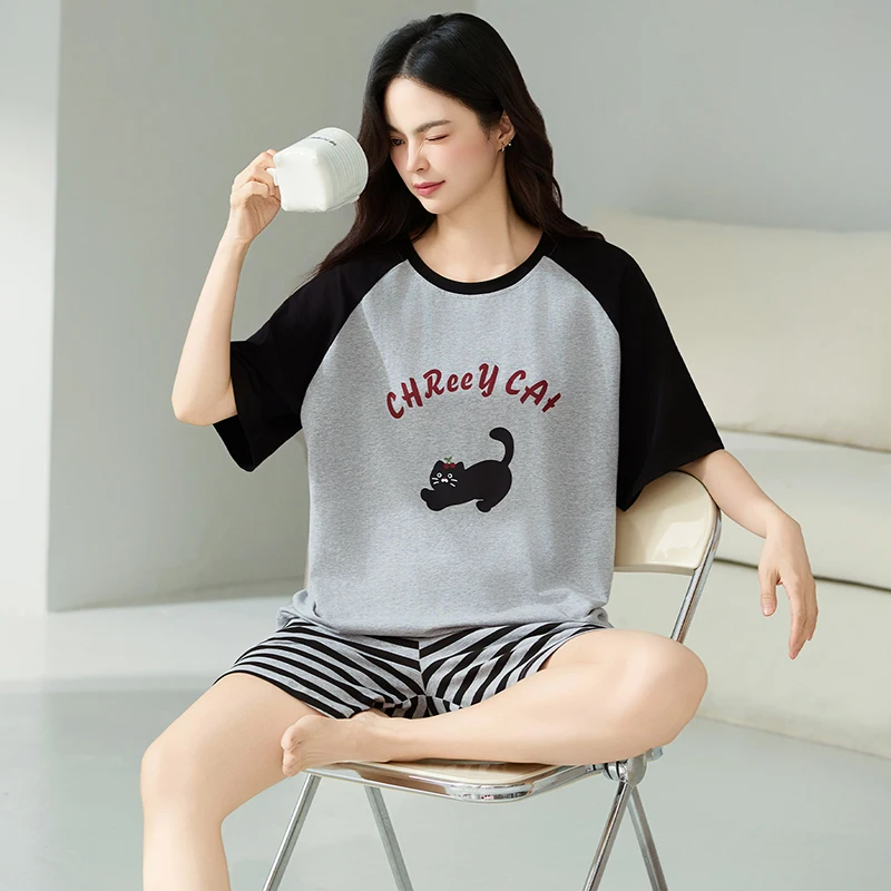 

Big Size M-4XL Women Pajamas Set Summer Knited Cotton Pyjamas Female Short Sleeve Sleepwear