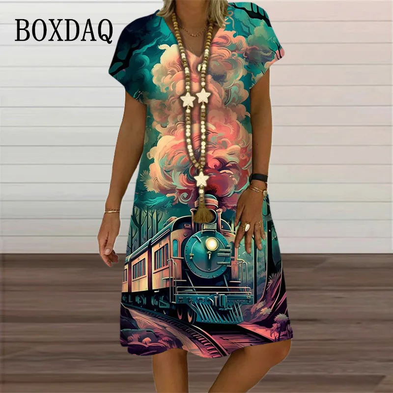 

New Women Print Cartoon Train Pattern Dress Elegant Casual V-Neck Short Sleeve A-Line Dress Summer Fashion Party Oversized Dress