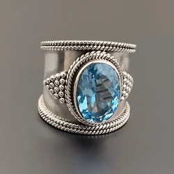 Huitan Hyperbole Oval Sky Blue CZ Wide Rings for Women Fancy Mother's Gift Cocktail Party Luxury Trendy Lady Jewelry Drop Ship