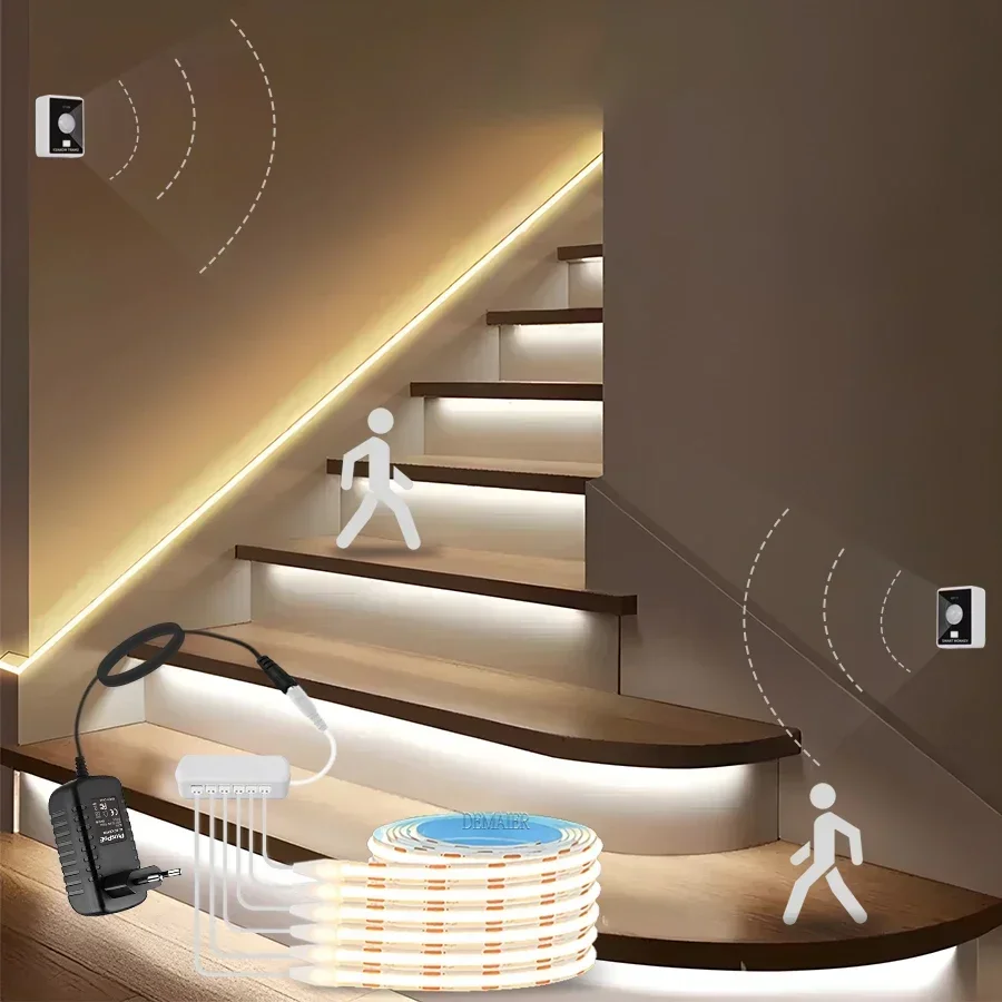 COB Led şerit işık ab kablosuz hareket sensörü DIY mutfak rafı kiler vitrin dolap altında kabine Dimmer arka lamba