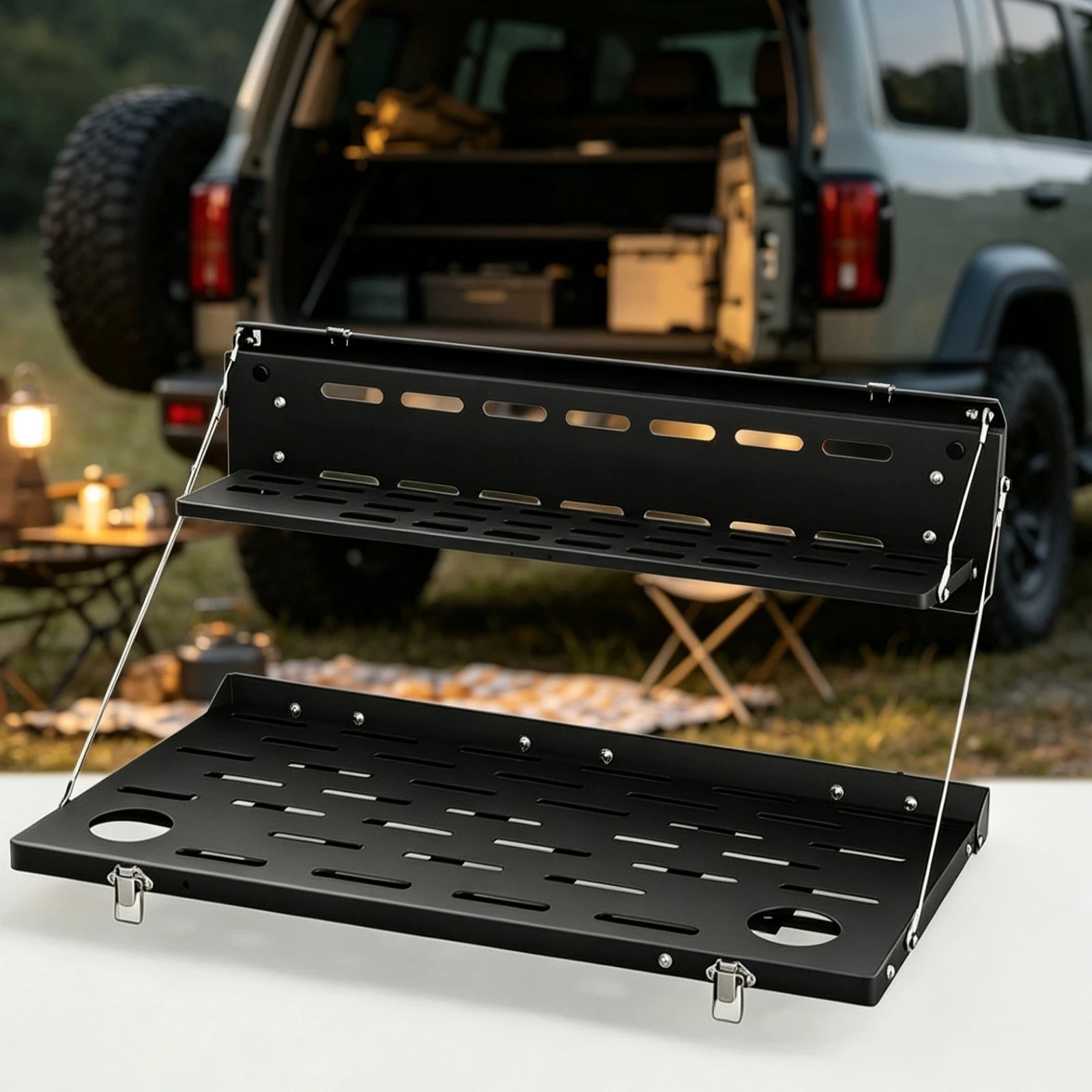 Two-Tier Tailgate Table Stable Foldable Double-Layer Shelf Tailgate Shelf with Support Cables Portable Low-Profile for Campers