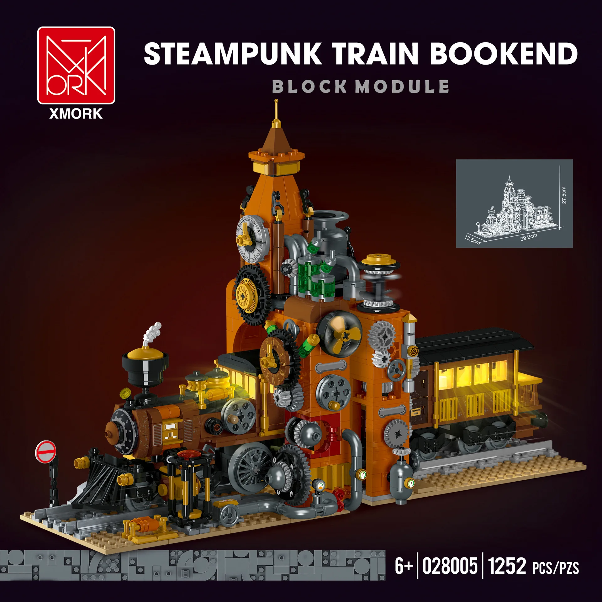 

Steampunk world steam train bookend with light, model assembly building block toy