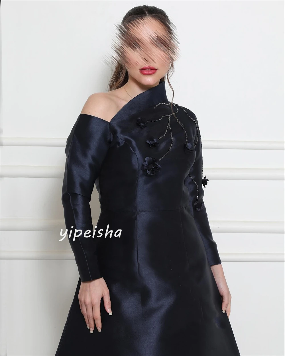 Disesuaikan Satin berpayet bunga Ruched Formal malam A-line V-neck Bespoke gaun acara gaun Midi