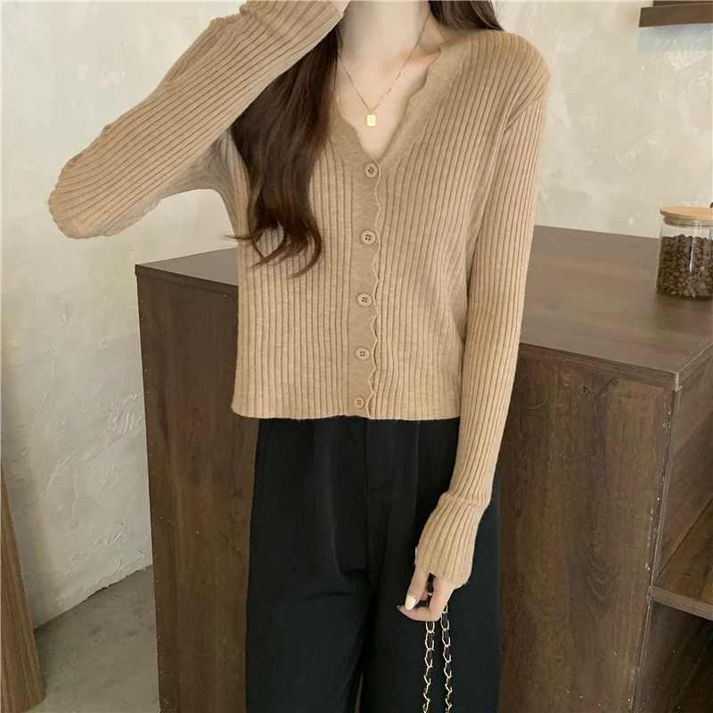 Ribbed Knit Cardigan Sweater for Women Long Sleeve V-Neck Wavy-hem Plain Knit Jacket Teen-girl Fall Winter Basic Outfit