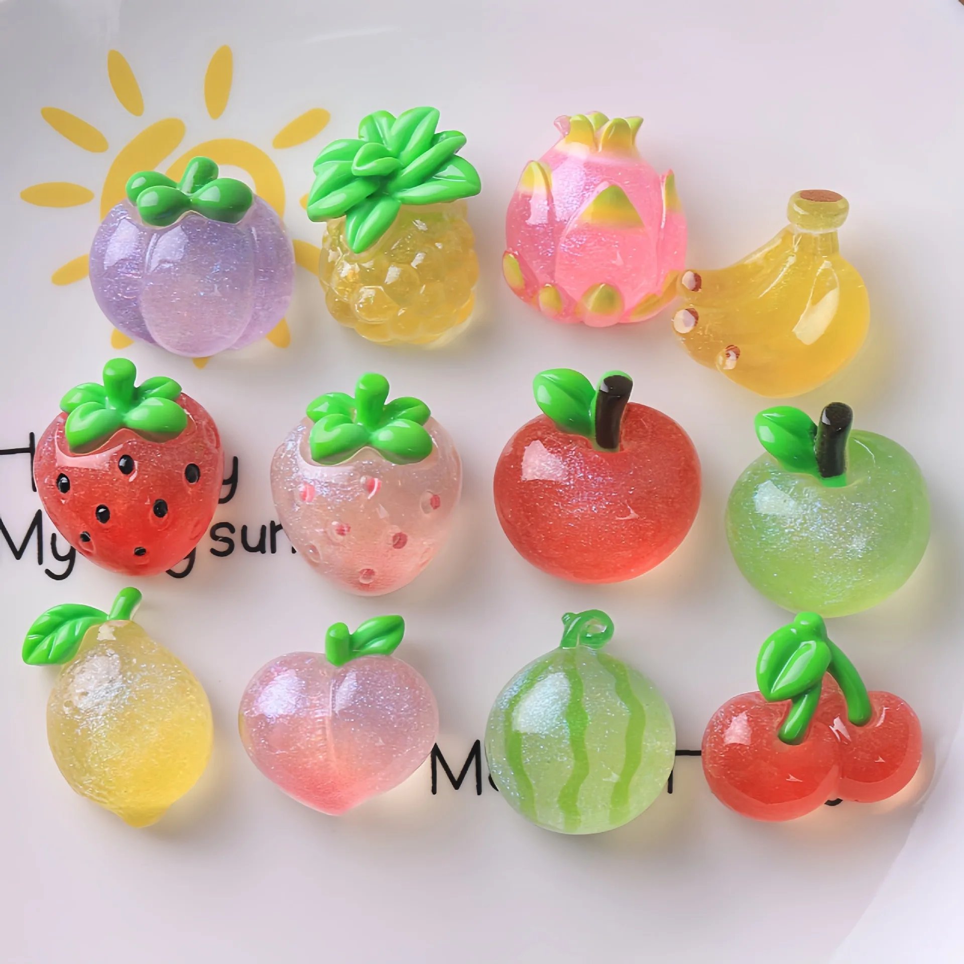 WFFNNKC 10-20Pcs Glitter Planar Fruit Resin Miniature Apple Peach Strawberry Patch Decor DIY Hair Clip Earrings Jewelry Crafts