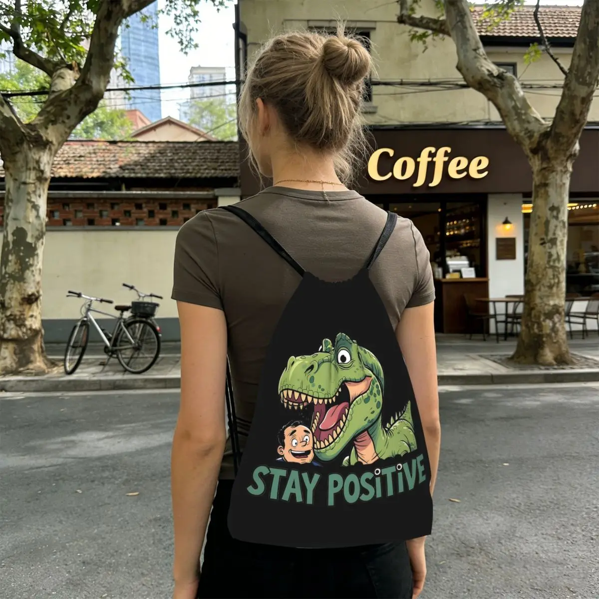 Stay Positive Funny T-Rex Dinosaur Sticker Backpacks Fashion Drawstring Bags Storage Bag Book Bags for Travel Students