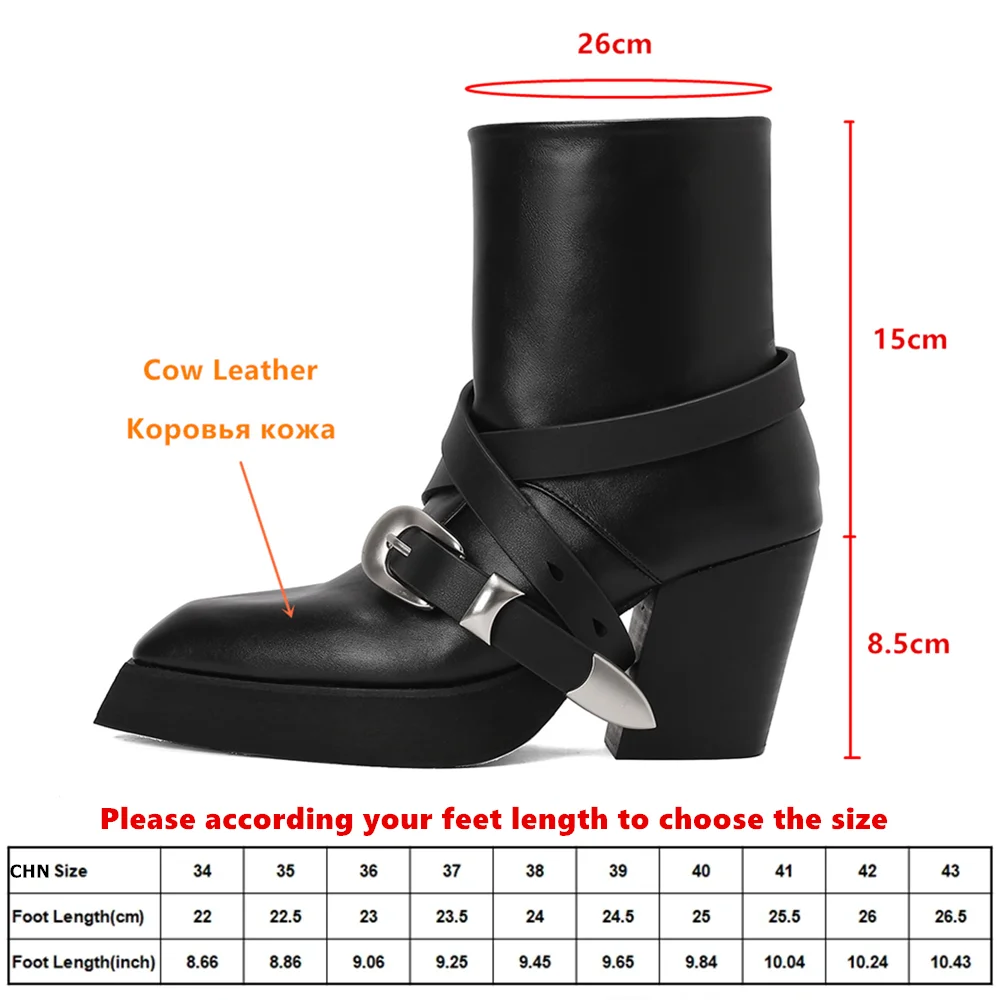 Aucegi Fashion Women Handmade New Brand Genuine Leather Ankle Boots Platform Chunky High Heels Buckle Pointed Toe Zipper Shoes