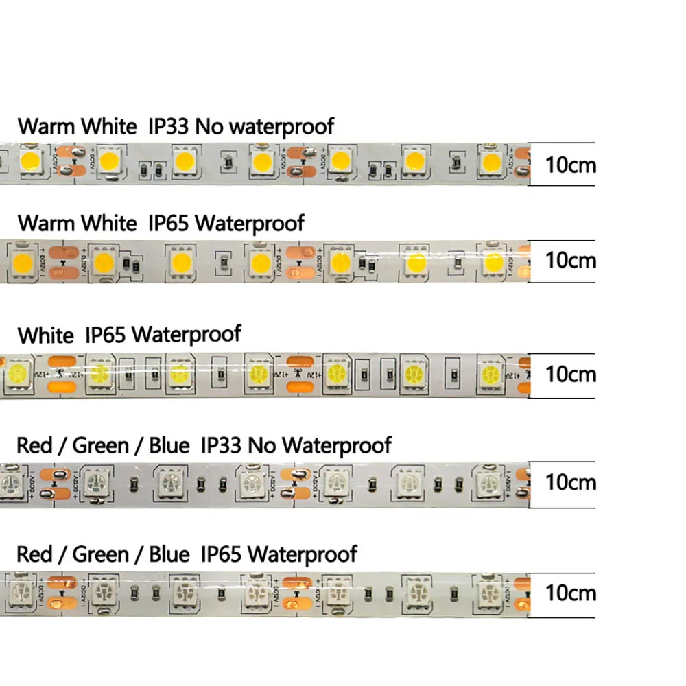 5050 led strip tape light 12V 60leds/M waterproof IP65 IP21 Warm White/RGB/RED /BLUE /GREEN Flexible rope stripe