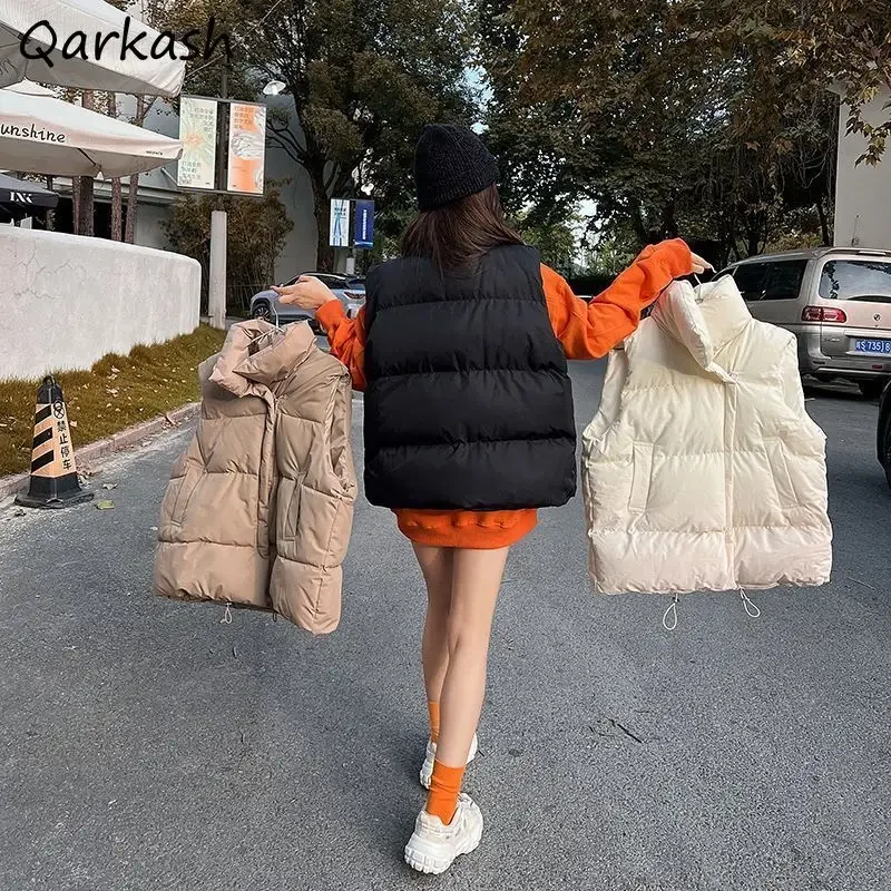 

Cotton Vests Women Autumn Winter Thicker Solid Loose Thermal Pockets Zipper Sleeveless Coats Outerwear Fashion Simple Casual New