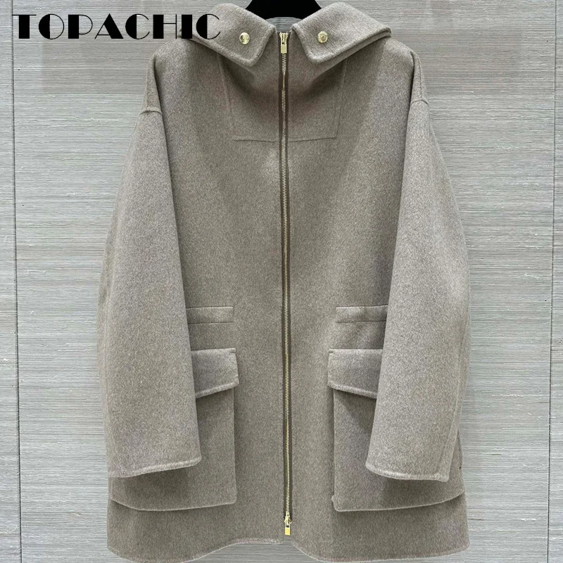 9.2 TOPACHIC-Women\'s Hooded Drawstring Waist Double-Side Woolen Keep Warm Coat Classic Big Pocket Zipper Loose Outerwear