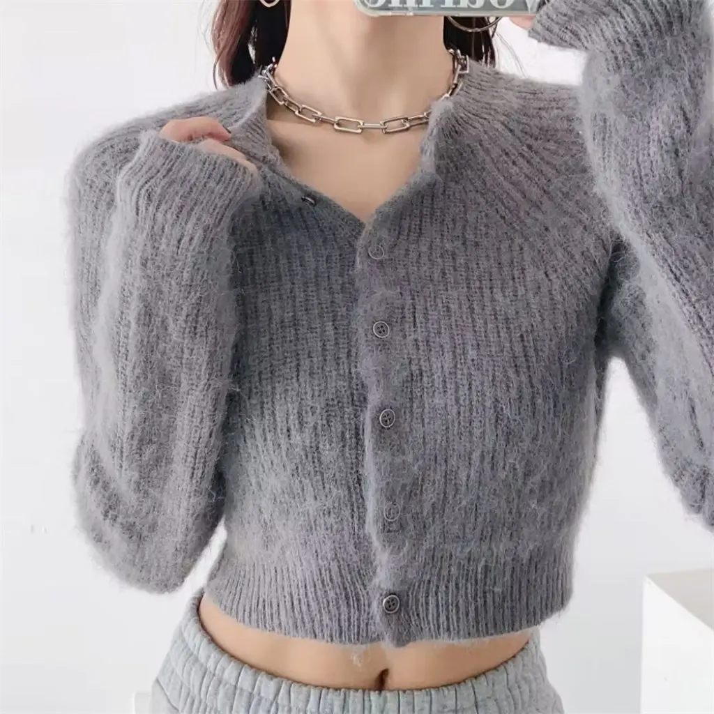 

YPFF Women's Fashion Crewneck Cardigan European American Style Lazy Style Long Sleeve Knitted Short Sweater for Ladies