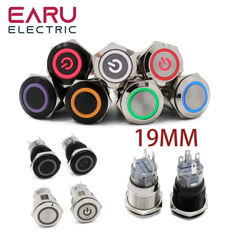 19mm Power Mark Press Metal Push Button Switch Waterproof Latching Self-lock Fixation LED Light Illumination 3V-6V 12V-24V 220V