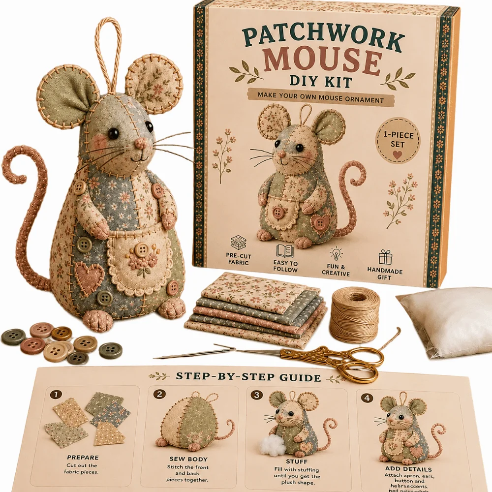 Handmade Patchwork Mouse Kit Pre Cut Fabric Step by Step Guide Patchwork Sewing Craft Set Stuffing Included Buttons Included