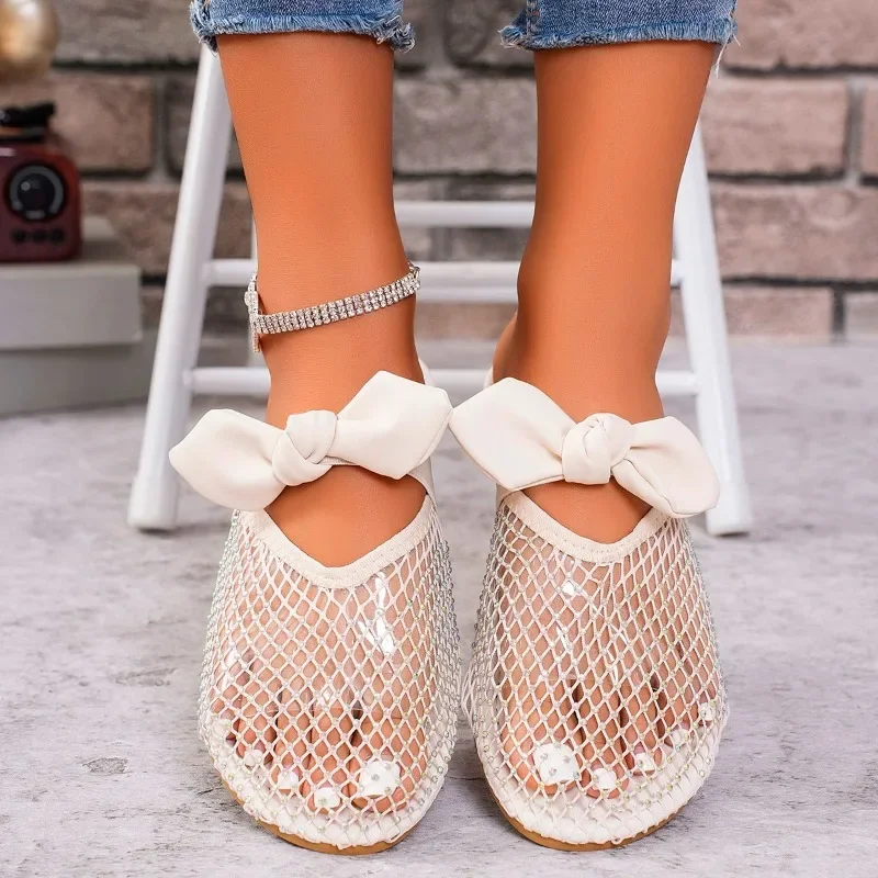 Ladies Shoes on Sale 2024 Brand Women's Slippers Summer Closed Toe Solid Net Cloth Butterfly-knot Square Heels Casual Slippers