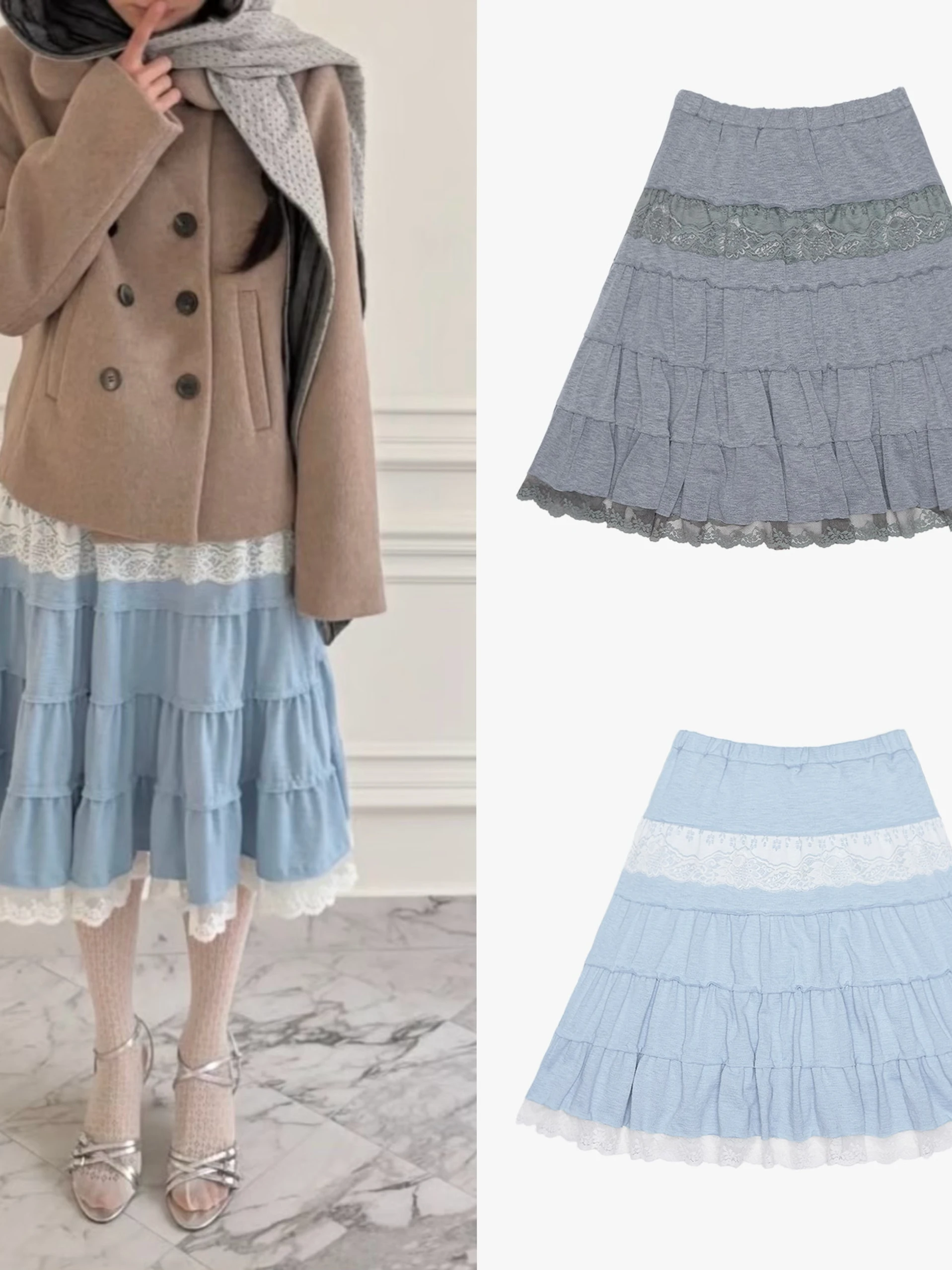 

Retro Splicing Lace Pleated Cake Skirt Short Half Body Skirt Ball Gown Skirt Big Hemline Fluffy Skirt Korean Style