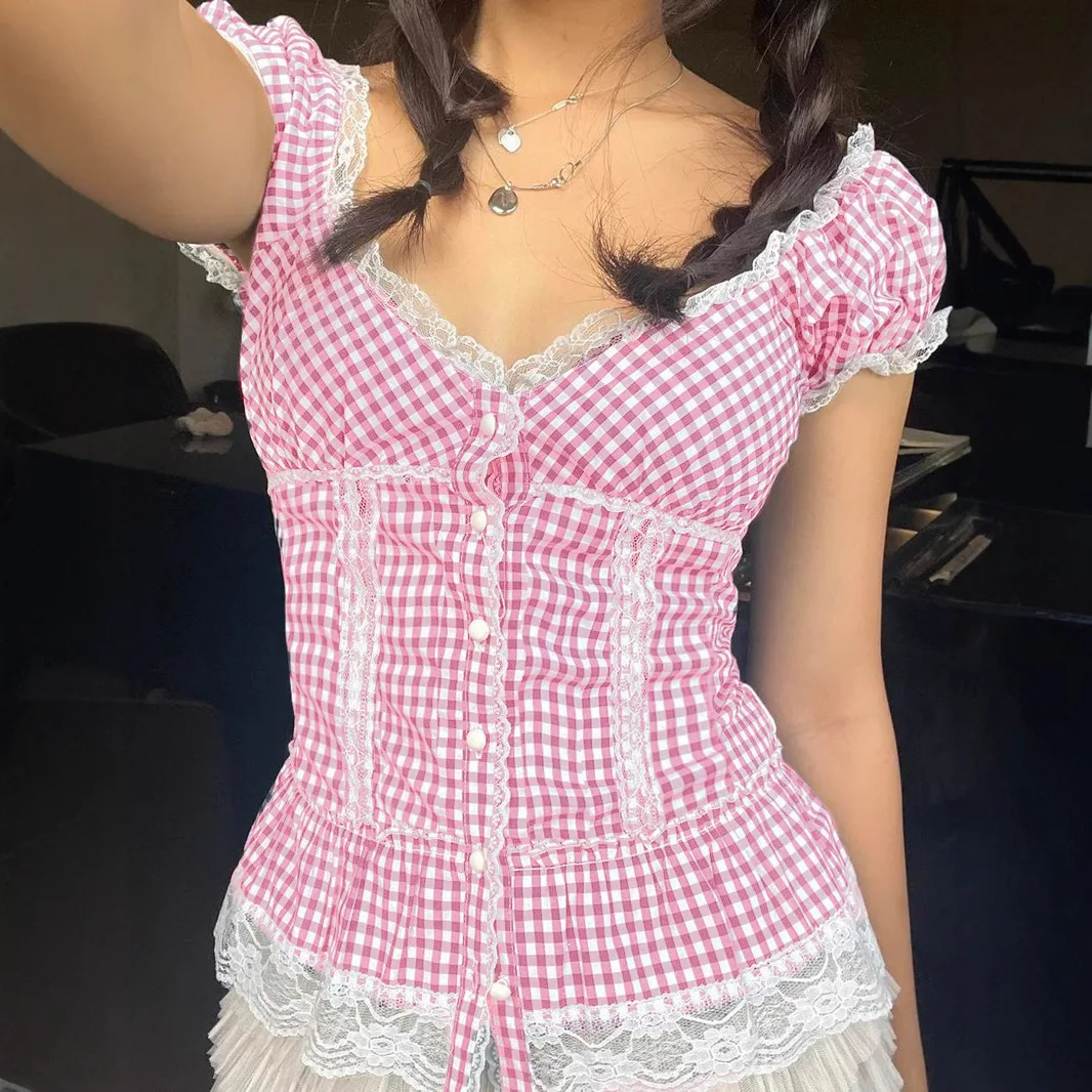 

Plaid girl plaid sweet top 2025 summer new product college style anti-aging bubble sleeves slimming top