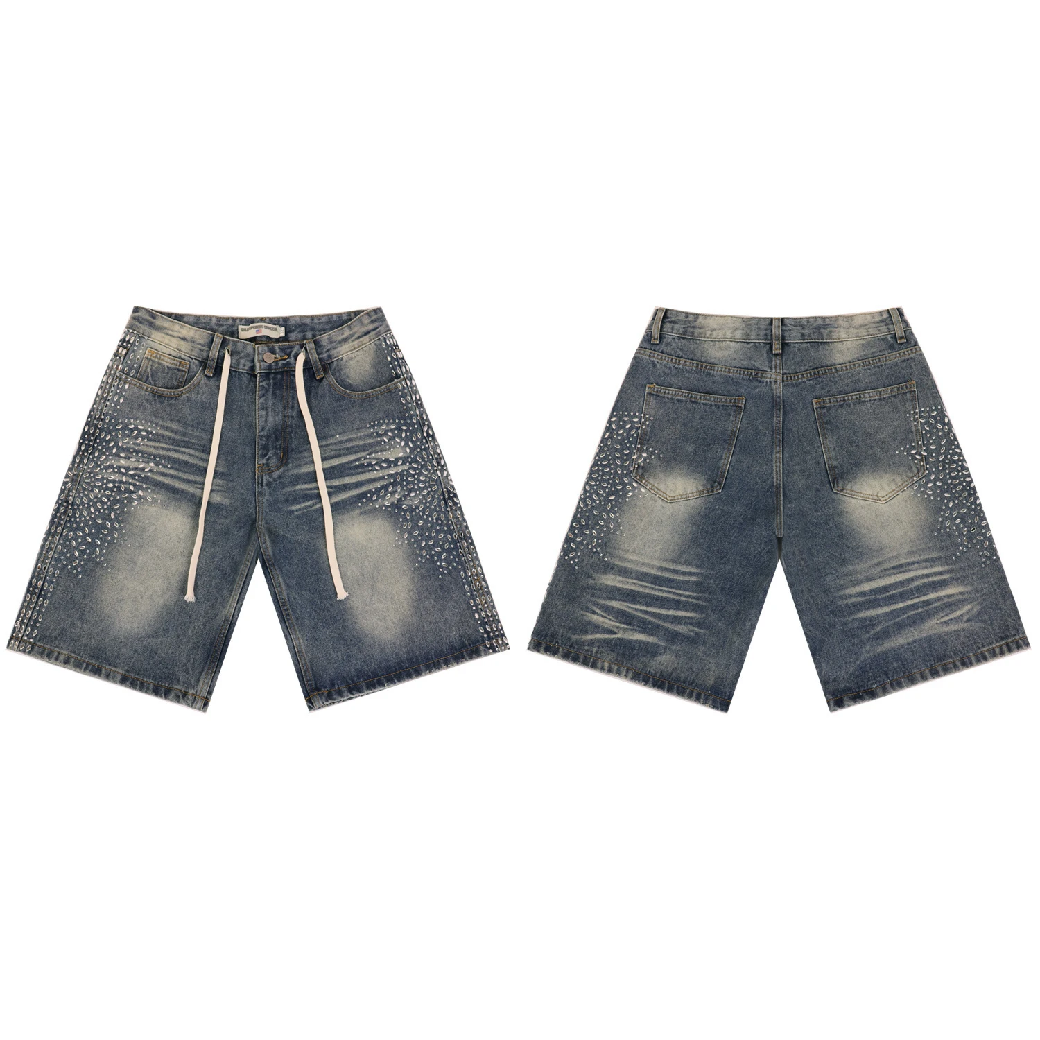 2026 New Fashion Shinning Diamond Washed Jeans Shorts for Men and Women Vintage Baggy Rhinestone Baggy Denim Shorts Oversized
