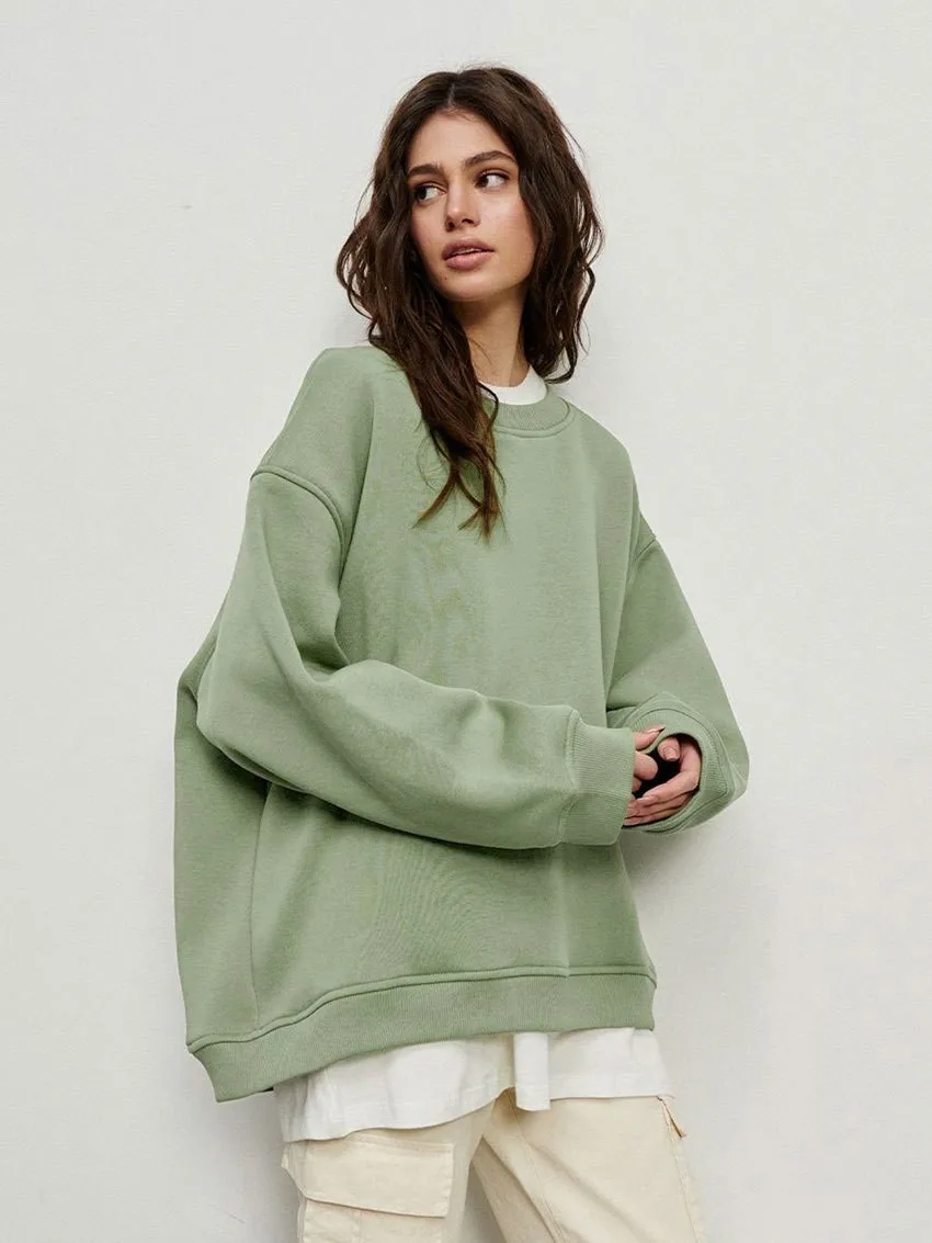 Round Neck Pullover Hoodie Mid Length Alternative Street with Loose Fit Single Regular Thickness Streetwear Women Sweatshirts