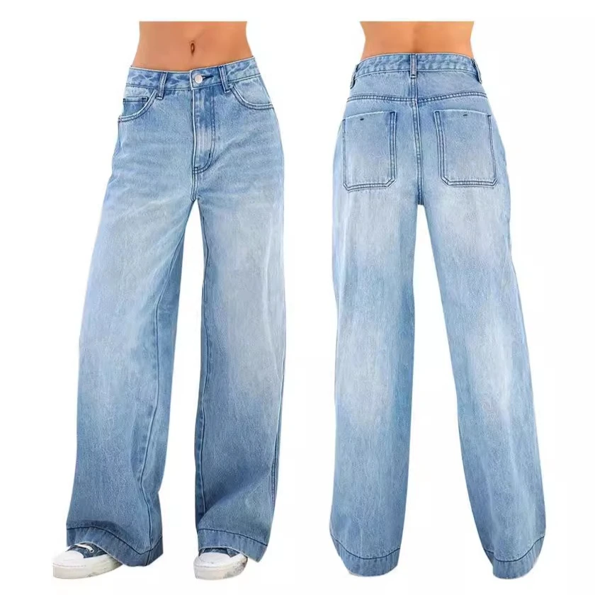 

American Vintage Straight Leg Jeans: High Rise Light Wash Trousers, Runway Flowy Hem, Oversized Smart Casual Pants 2024 Spring