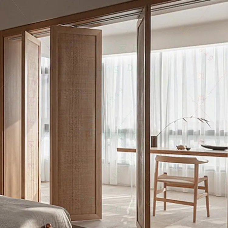 

Customizable screen Japanese simple solid wood rattan door rotating blocking partition door bedroom balcony rotating screen door