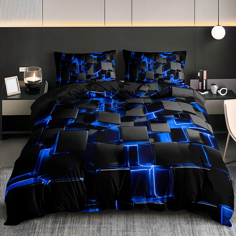 

Cool Blue Square Geometric Duvet Cover Set with 2 Pillowcases - High-Definition Print All-Season Home And Dorm Bedding Set