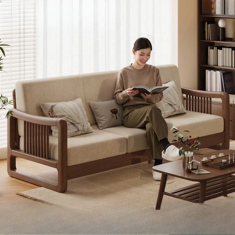 

Диван-скамья из массива дерева для гостиной, для небольшой квартиры, на три человека, с деревянным каркасом и тканевой обивкой.