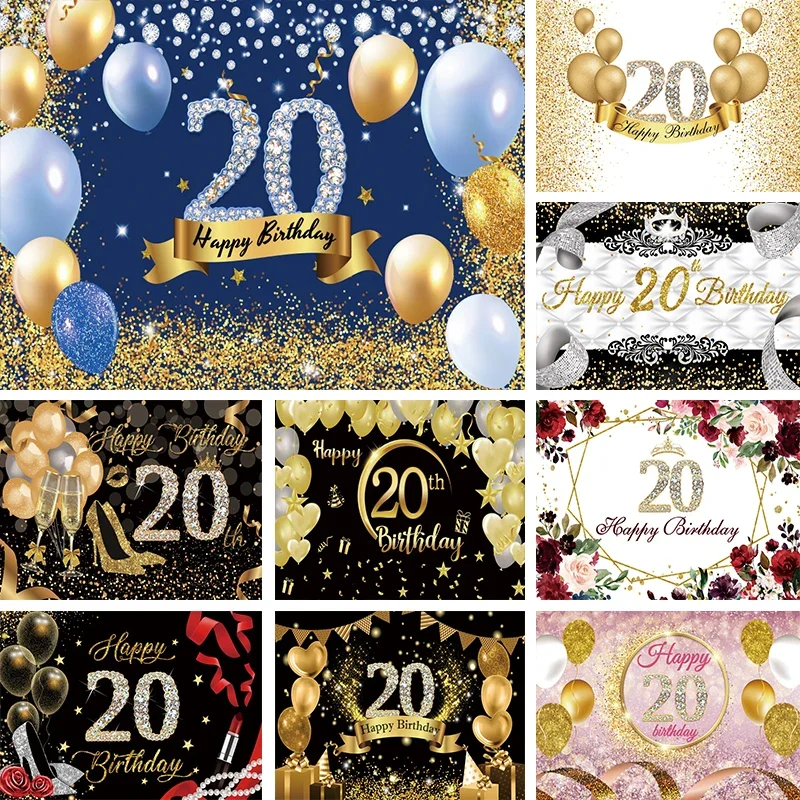 

Happy 20th Birthday Backdrop Blue Gold Glitter 20 Years Birthday Anniversary Party Decorations for Women Men Photo Background