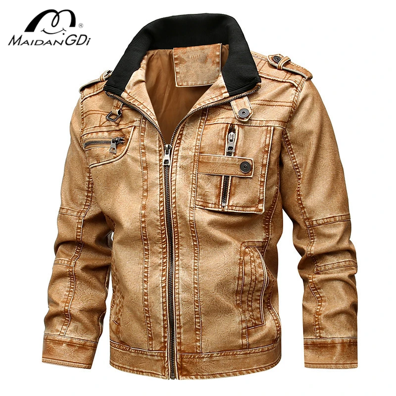 

MaiDangDi Autumn and Winter Men's Stand Collar Washed Motorcycle PU Leather Jacket Large Size Casual Leather Jacket Men