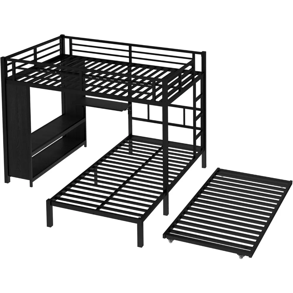 Heavy-Duty Metal Twin Bunk Bed with Built-In Wardrobe and Foldable Desk, Full Over Frame, Space-Saving Design