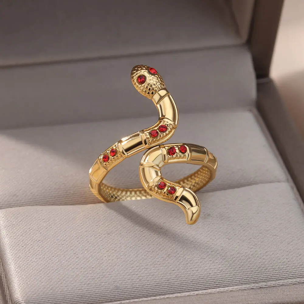 Zircon Snake Rings for Women Men Gothic Open Stainless Steel Ring Charming Vintage Animal Aesthetic Jewelry anillos mujer hombre