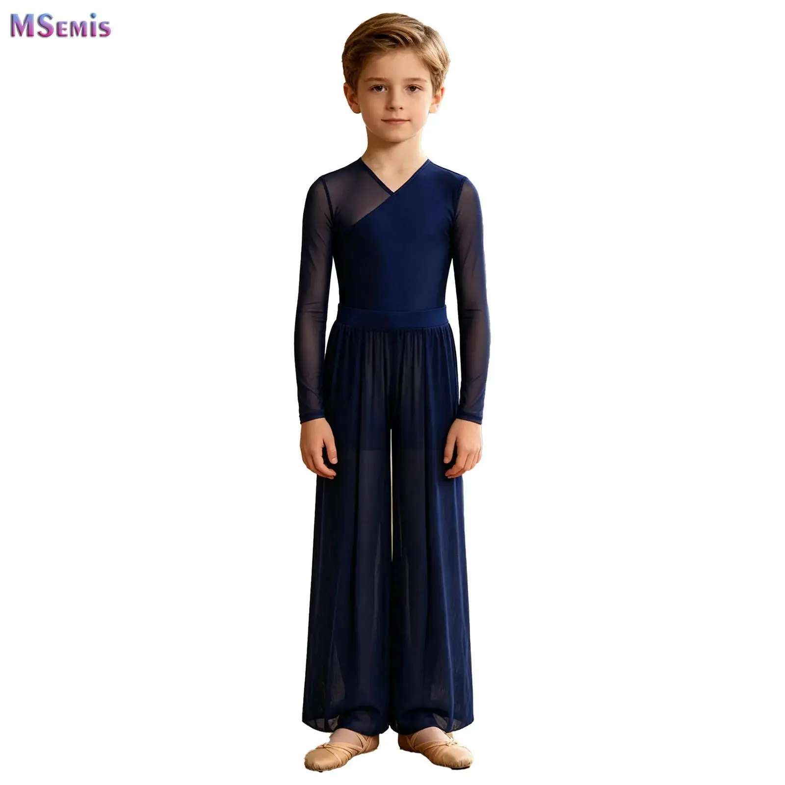 

Modern Lyrical Dance Costume Outfit for Kids Boys Long Sleeve Ballet Rhythmic Gymnastics Bodysuit Top with Split Mesh Pants Sets