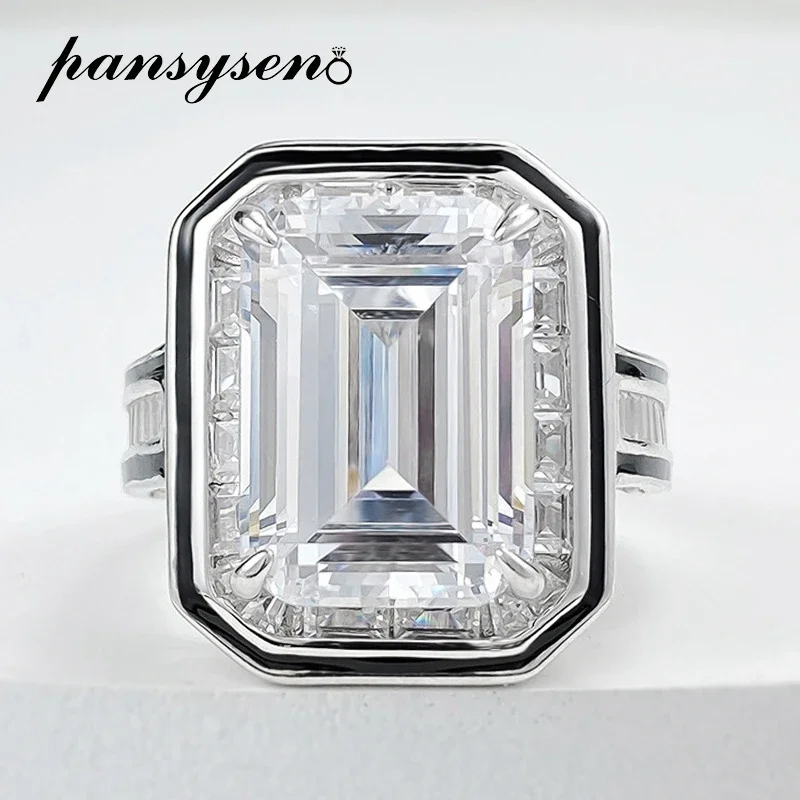 

PANSYSEN 100% 925 Sterling Silver 10*14MM Emerald Cut High Carbon Diamond Rings for Women Man Luxury Fine Jewelry Gift Wholesale