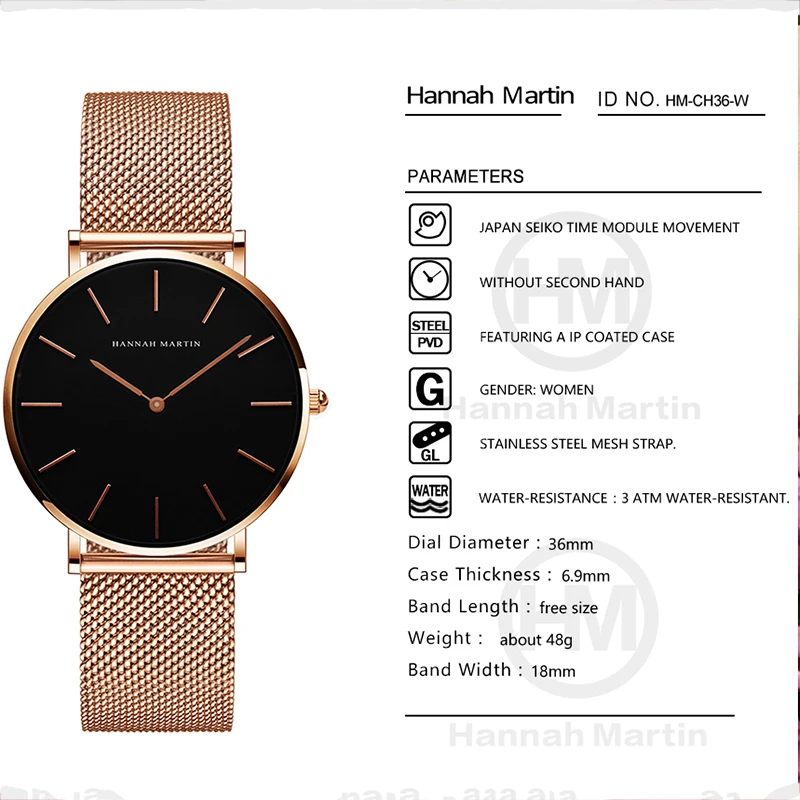 ساعة هانا مارتن النسائية بحركة كوارتز وتصميم بسيط مقاوم للماء من الفولاذ المقاوم للصدأ بقرص رفيع للغاية ساعة للسيدات Relogio Feminino