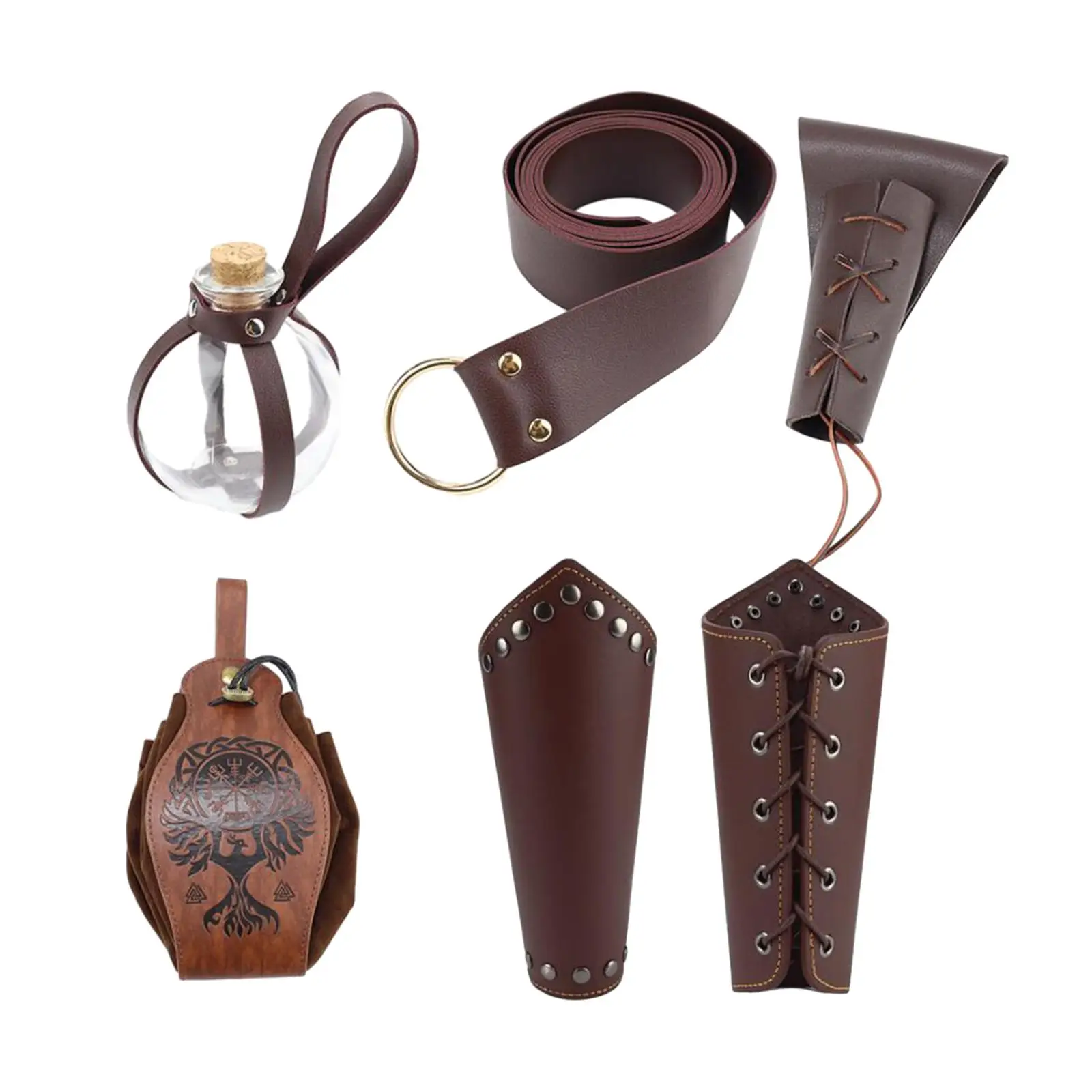 Medieval Cosplay Belt Kit Retro PU Leather Waist Accessory with Wristbands for Knight Stage Costume Halloween