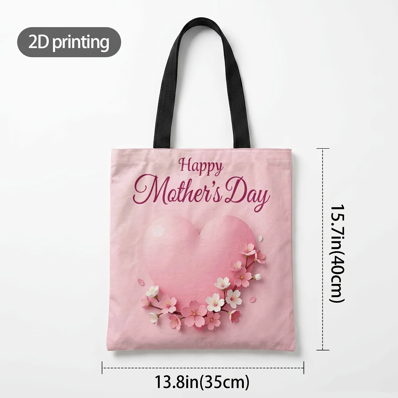 2D Printed Handbag with Happy Mother'S Day Heart Blossoms Pattern, Reusable Fashion Shoulder Bag Shopping Tote Bag Suitable for