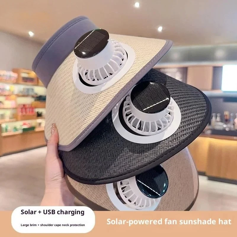 Solar Powered Fan Hat UV Protection Wide Brim Adjustable Fishing Bucket Cooling Shawl Lightweight Outdoor Camping Hiking Summer