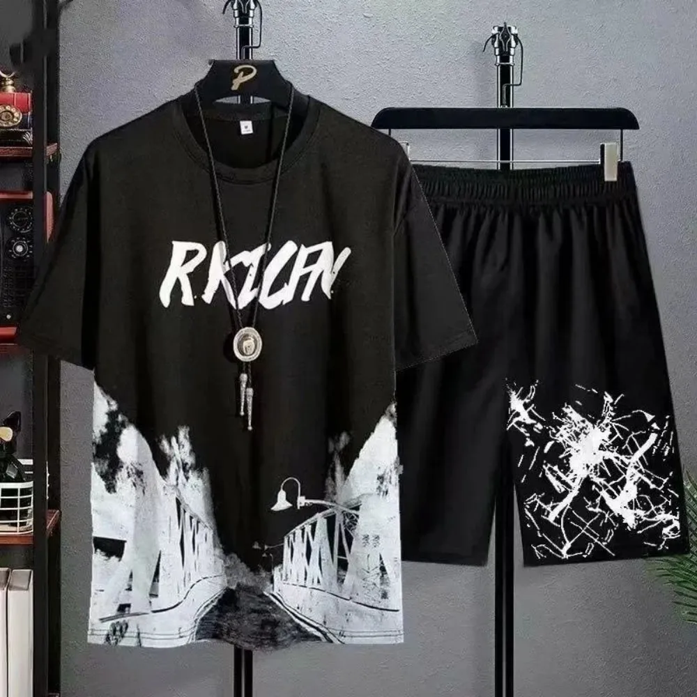 2025 New Summer Casual Men's Breathable Manga Graffiti Round Neck T-shirt Shorts Set Outdoor Leisure Sports Set