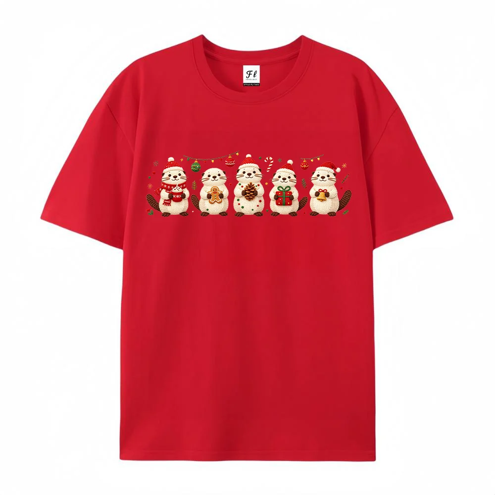 Women Cute Christmas Otters Graphic T Shirt Red Holiday Santa Hat Print Tees Casual Cotton Short Sleeve Christmas Tops