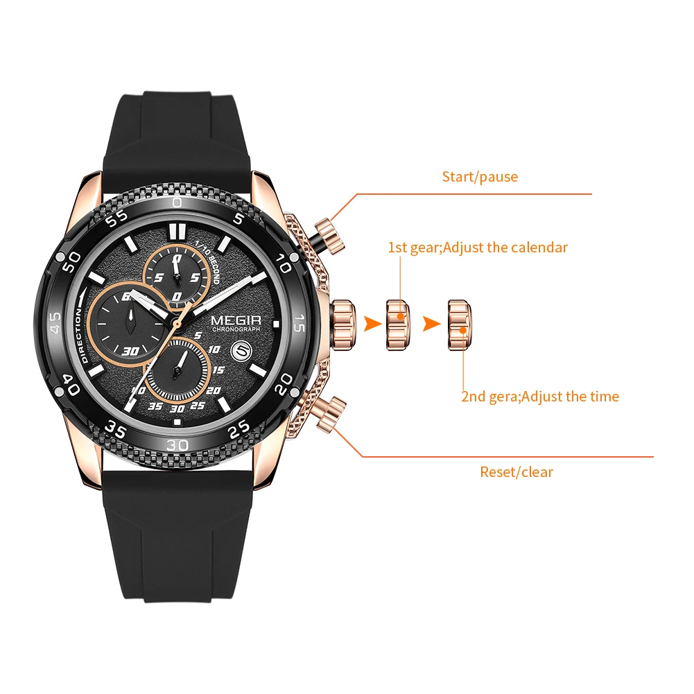 MEGIR Brand Fashion Men Watch Silicone Sports Wristwatch Quartz Chronograph Large Dial Luminous Hands Date Clock Reloj Hombre