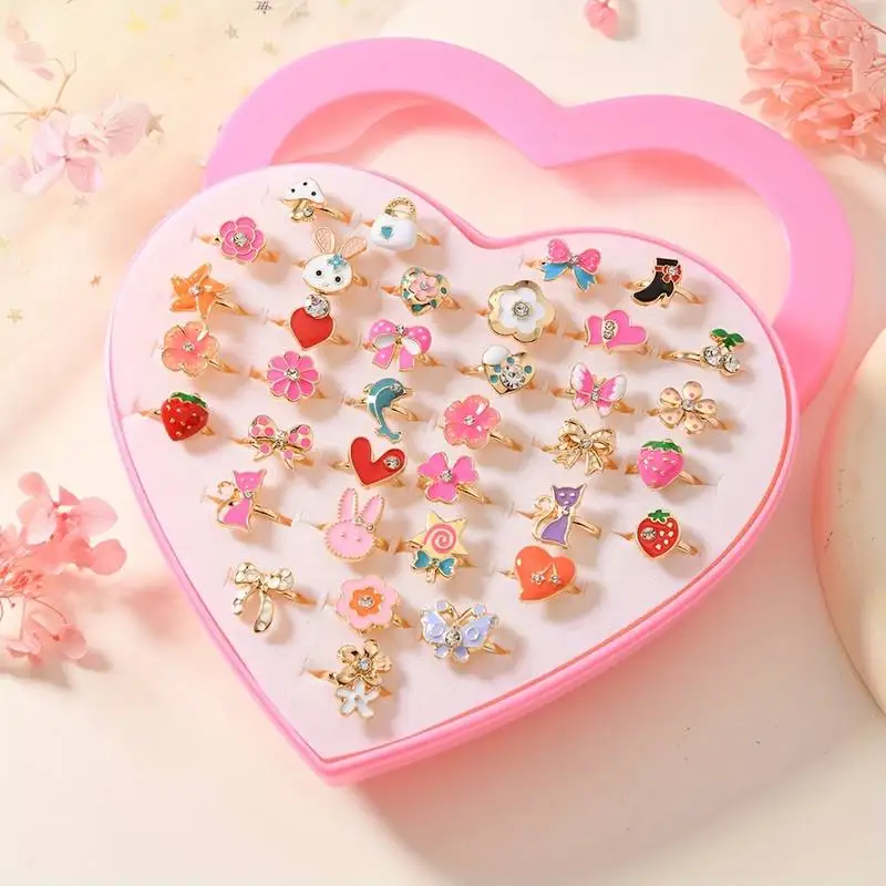 36-Piece Adjustable Ring Set Enamel Rabbit Strawberry Bow Flower Heart Dolphin Mushroom Open Rings with Heart-Shaped Gift Box Little Girl Princess Dress-Up Jewelry Birthday Party Gift Toy