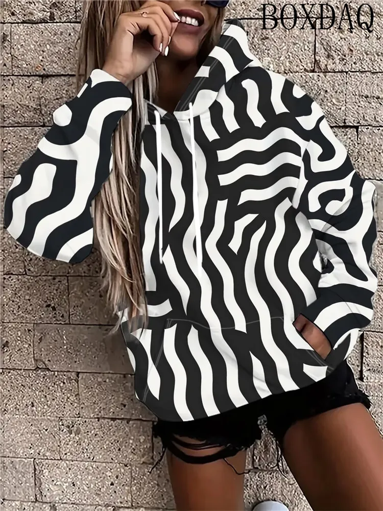 Women's Autumn Long Sleeved Hooded Drawstring Pockets Casual  Hoodies Stripes Pattern Printed Sweatshirt Loose Daily Street Top