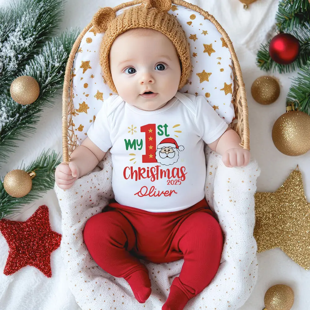 

Personalized Baby 1st Christmas Outfit Santa Print Newborn Bodysuit Winter Holiday Infant Short Sleeve Jumpsuit Baby Shower Gift