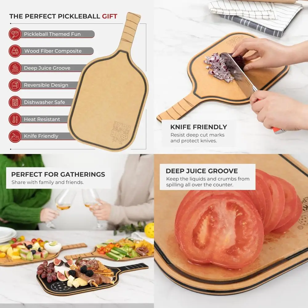 

Pickleball-Themed Charcuterie Board, 16x8.5 Wooden with Paddle Handle, Dishwasher-Safe, Reversible, Just One More Game Juice Gro